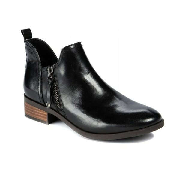 LUCCA LANE Black Leather Ankle Booties With Side Zippers & Low Wood-Heel Sz 5 - Picture 1 of 5